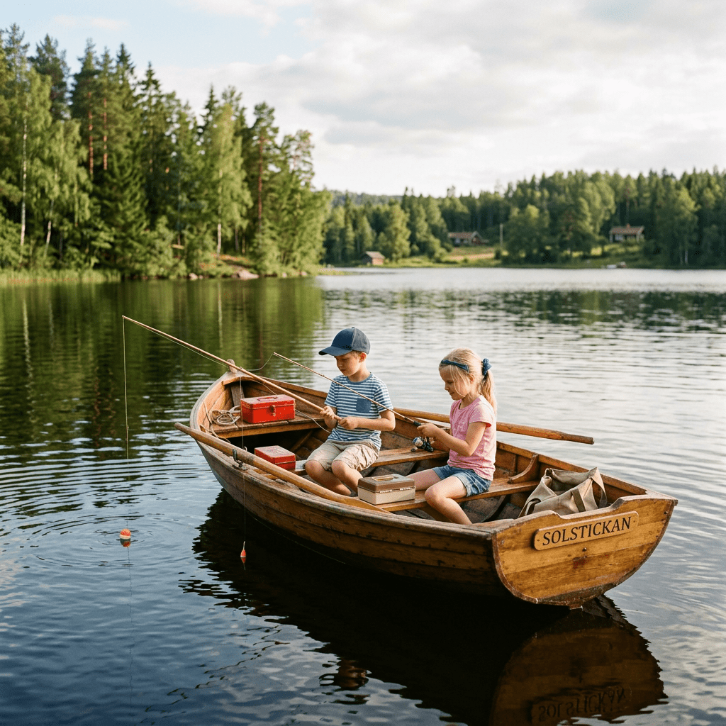 Two children fishing with rods while sitting in a wooden rowboat on a calm lake