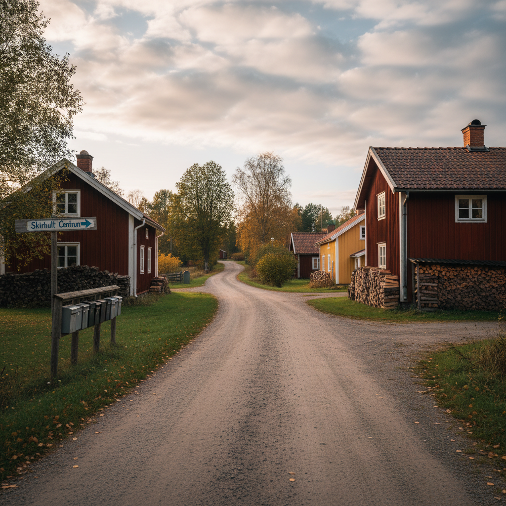 A quiet gravel road leading through Skirhult’s scattered houses and farms, illustrating the local area served by the byalag, in natural photographic realism. Traditional Swedish wooden homes in red and yellow with white details sit back from the road, with neatly stacked firewood, mailboxes in a small cluster and a hand-painted sign pointing toward the village center. The scene is lit by soft evening light under a slightly cloudy sky, creating a gentle, serene atmosphere with muted colors and subtle contrast. Captured from an eye-level perspective looking down the road, with strong depth and leading lines, the composition feels calm, authentic and rooted in everyday rural life rather than tourism imagery.