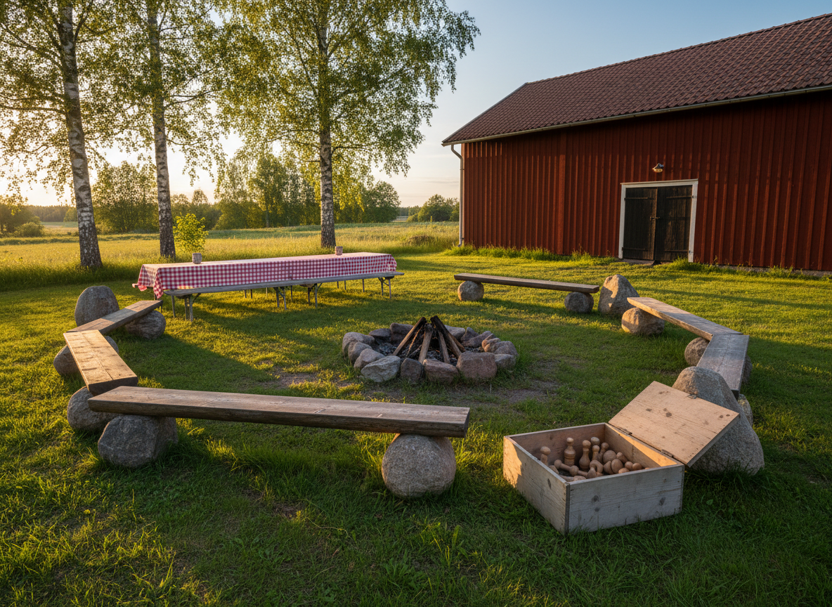 An outdoor gathering place in Skirhult, showing community activities without people, in realistic photography. A grassy area beside a red wooden barn features a simple fire pit with charred logs, a circle of hand-built benches, a wooden games box slightly open with kubb pieces visible, and a long table with checkered cloth weighed down by stones against the breeze. Late afternoon golden light filters through nearby birch trees, casting long soft shadows across the lawn. Shot from a low, wide-angle perspective to include both the sky and ground details, the mood is warm, inviting and communal, emphasizing that this is a shared space created and maintained by residents themselves.