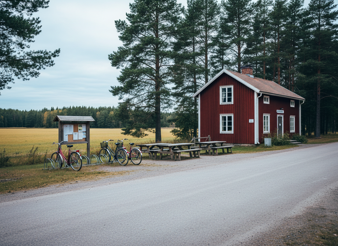 A small Swedish village community center in Skirhult, captured in authentic photographic realism. The red wooden building with white trim stands at the edge of a gravel road, surrounded by tall pines and open fields. Outside, sturdy wooden picnic tables, a simple notice board and a well-used bicycle rack hint at regular gatherings without showing any people. Soft overcast daylight typical of southern Sweden creates gentle, even illumination, with cool tones and subtle shadows. Shot at eye level using the rule of thirds, the image is calm, welcoming and documentary in style, emphasizing shared facilities and the rural local area without appearing like a polished stock photo.