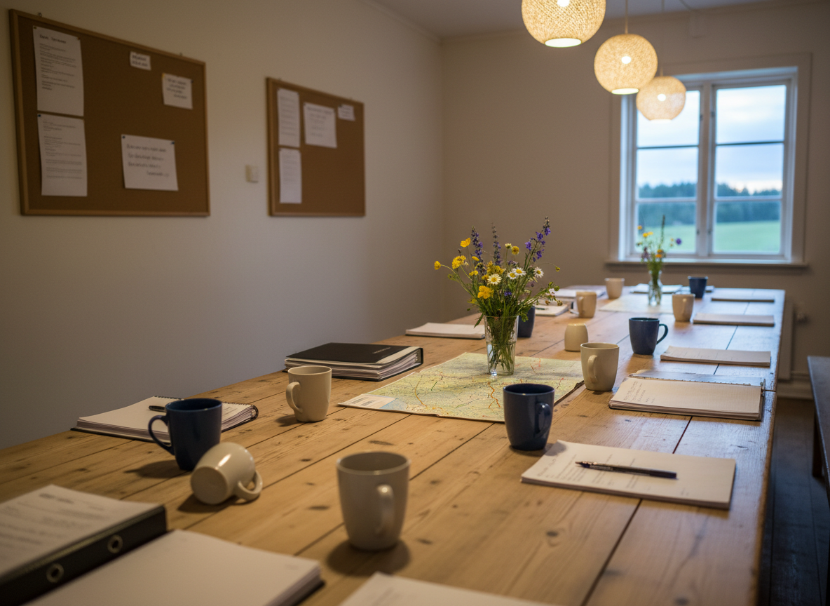 A long wooden table inside a simple Swedish village meeting hall, prepared for an evening byalag board meeting, photographed in a candid documentary style. The tabletop is scattered with neatly stacked papers, pens, a worn map of the local area, ceramic coffee mugs and a small vase with wildflowers from nearby fields, subtly suggesting active community work without people present. The walls are painted in light neutral tones with modest notice boards and a window showing a glimpse of the Skirhult countryside. Warm pendant lighting mixes with faint lingering daylight, casting soft, natural shadows. Captured from a slightly elevated diagonal angle with moderate depth of field, the scene feels organized, professional and genuinely used rather than staged.
