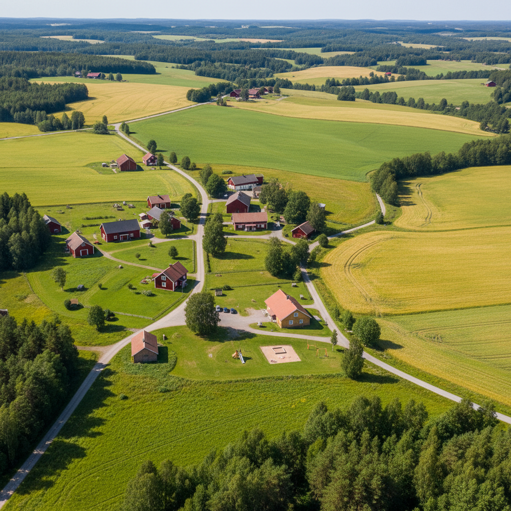 A wide aerial-style view from a small hill overlooking Skirhult and its surrounding countryside, symbolizing the byalag’s whole area, rendered in crisp photographic realism. Red barns, scattered farmhouses, patches of forest and winding narrow roads are interwoven with fields in different shades of green and gold. A modest community building and a small playground are visible as focal points of shared life, though no people appear. The scene is lit by bright but slightly diffused midday light, creating clear visibility and natural colors. Shot with a wide-angle composition emphasizing depth and the relationship between village and landscape, the atmosphere feels open, collaborative and quietly proud of the place residents shape together.