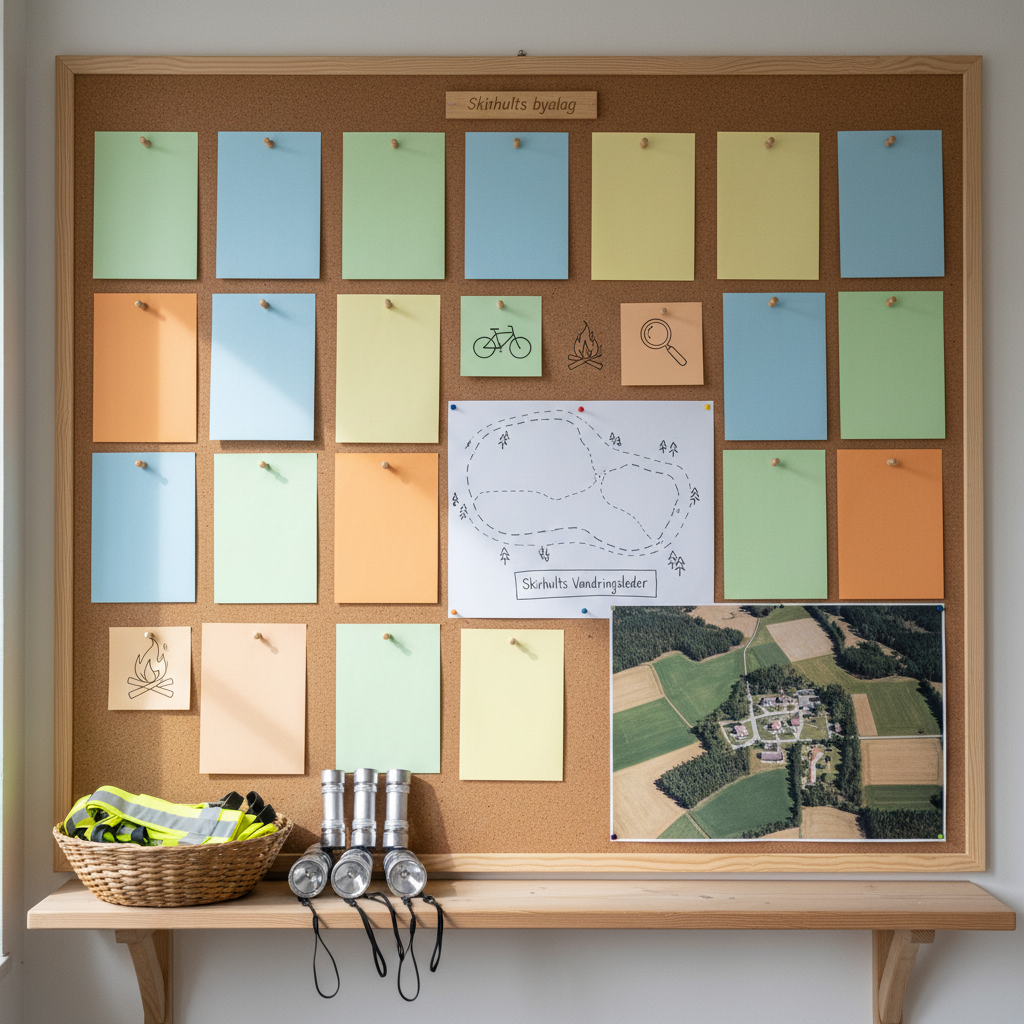 A detailed close-up of a community information corner at Skirhults byalag’s shared facility, photographed in a realistic, documentary style. A cork notice board holds colorful but text-free papers, simple icons and a sketched map of walking trails, while a narrow shelf below displays a basket of reflective bands, a stack of small flashlights and a printed aerial photo of the surrounding landscape, all suggesting practical village cooperation without showing people. Diffused daylight from a nearby window washes the scene in soft, neutral light, creating gentle shadows and clear texture on the paper and wood. Shot straight-on with sharp focus throughout, the composition feels organized, trustworthy and community-driven.